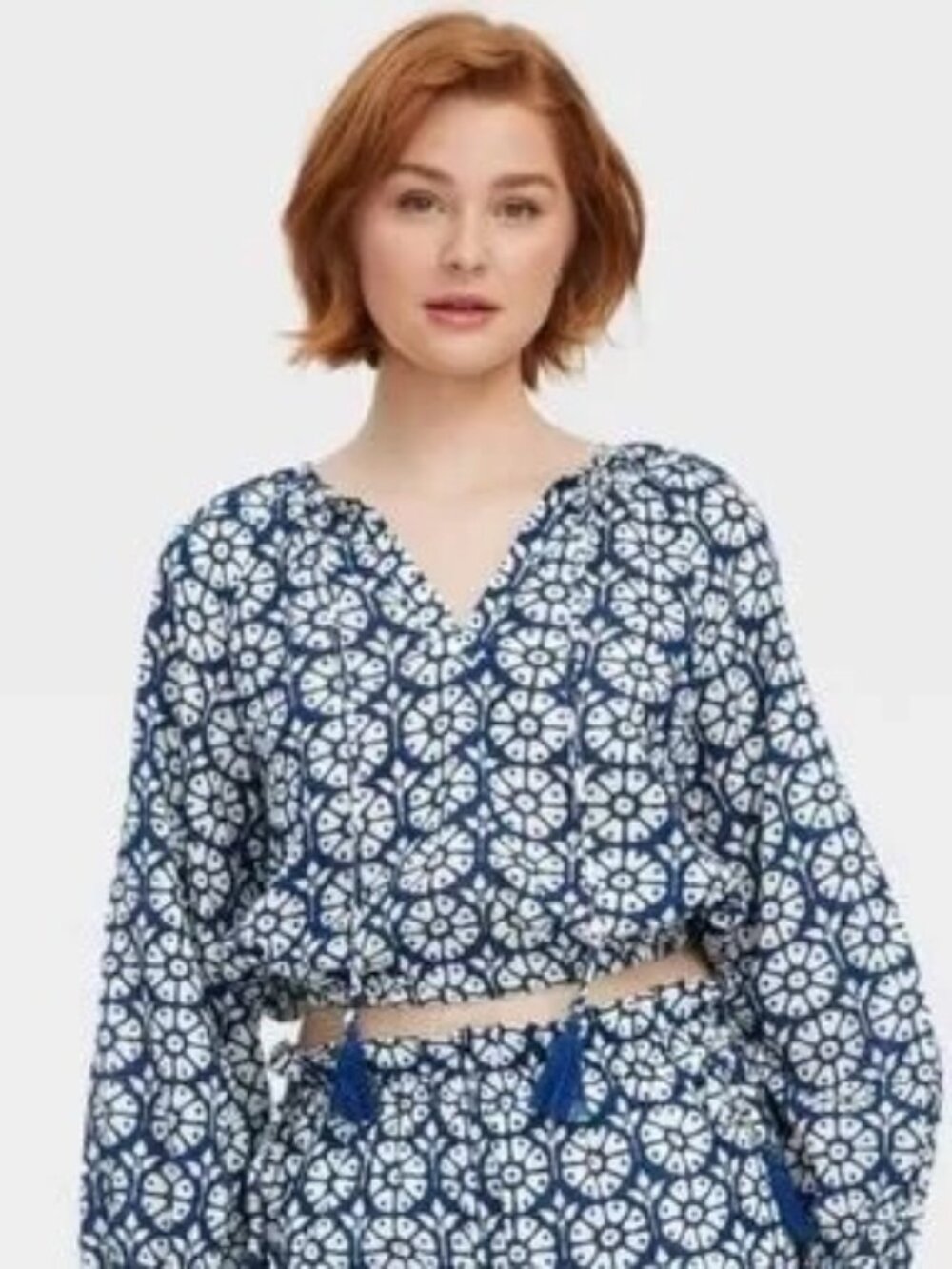 Roller Rabbit Women's Daisy Floral Long Sleeve Tie-Neck Boho Top Navy Blue Small